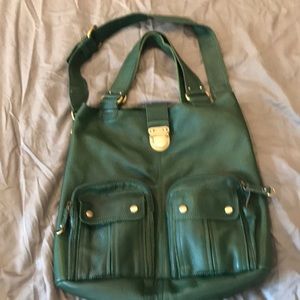 Forest green leather bag, 12” tall x14” wide
